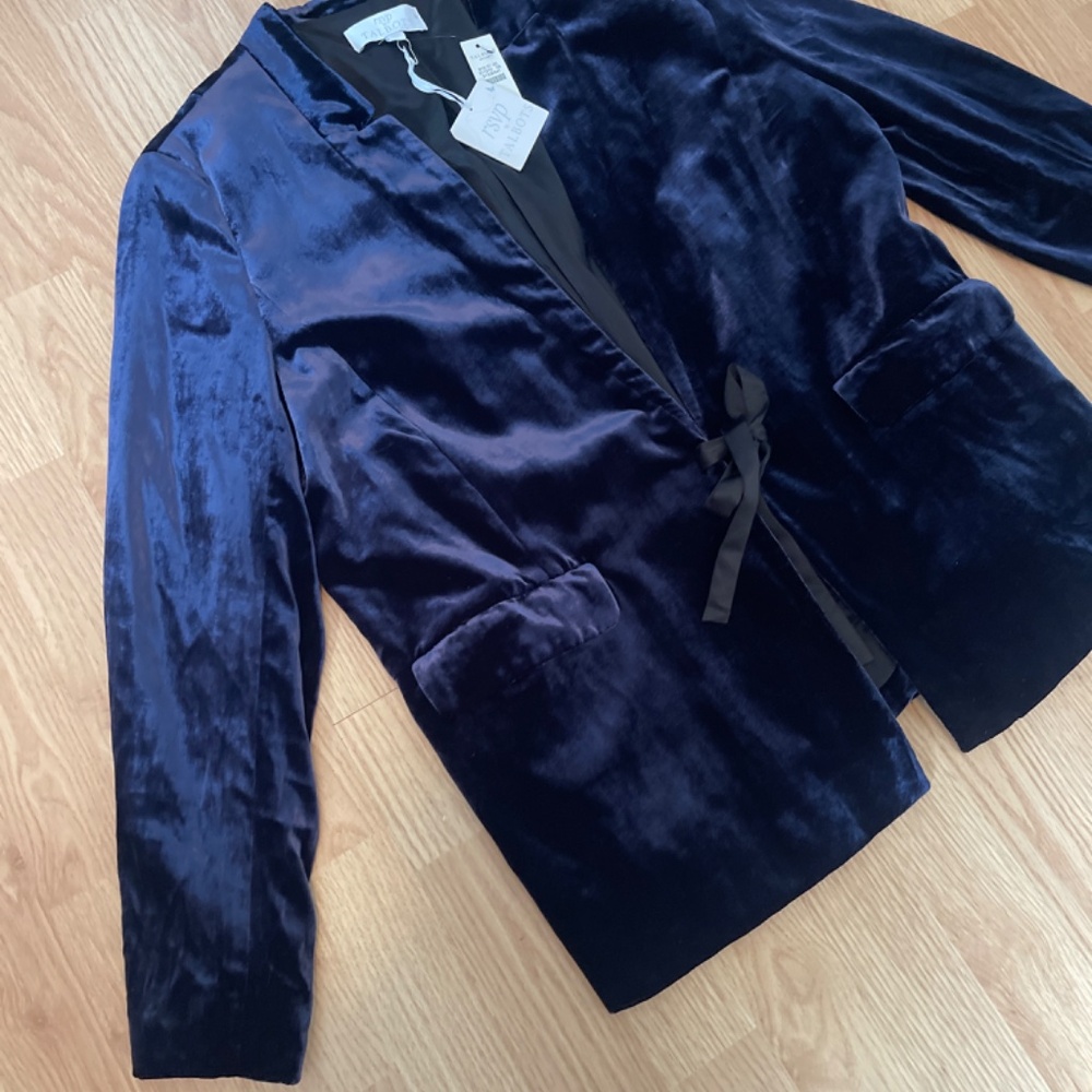 NWT RSVP Talbots Indigo Blue Velvet V Neck Front Tie Blazer Jacket Size 14P - Picture 4 of 9